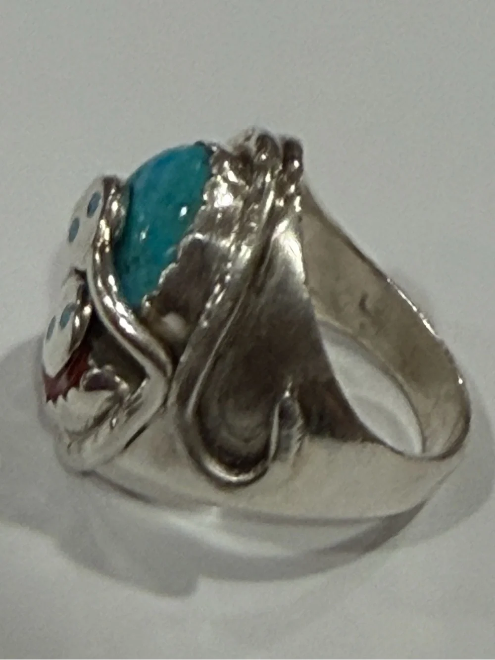 Effie C Handcrafted Silver Turquoise and Coral Snake Ring